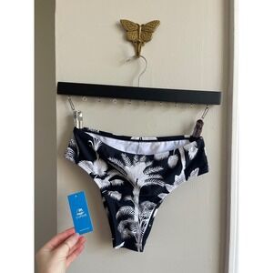 Cupshe Womens Palm Tree Print High Leg Bikini Bottom Black White XS